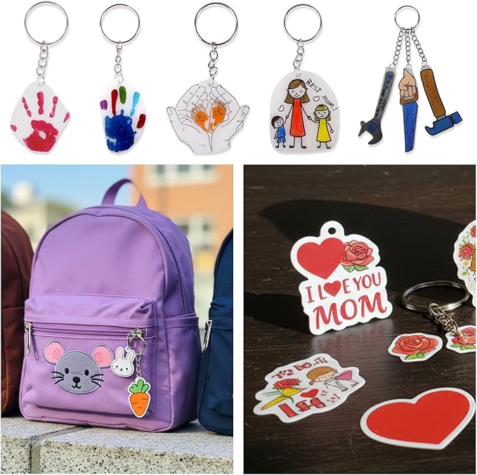 Auihiay 30PCS Shrink Plastic Sheets for Kids with 30 Keychains & 100 Jump Rings, Shrink Films Papers, Shrinky Art for DIY Handprint Keychains, Mother's Day & Father's Day Gifts
