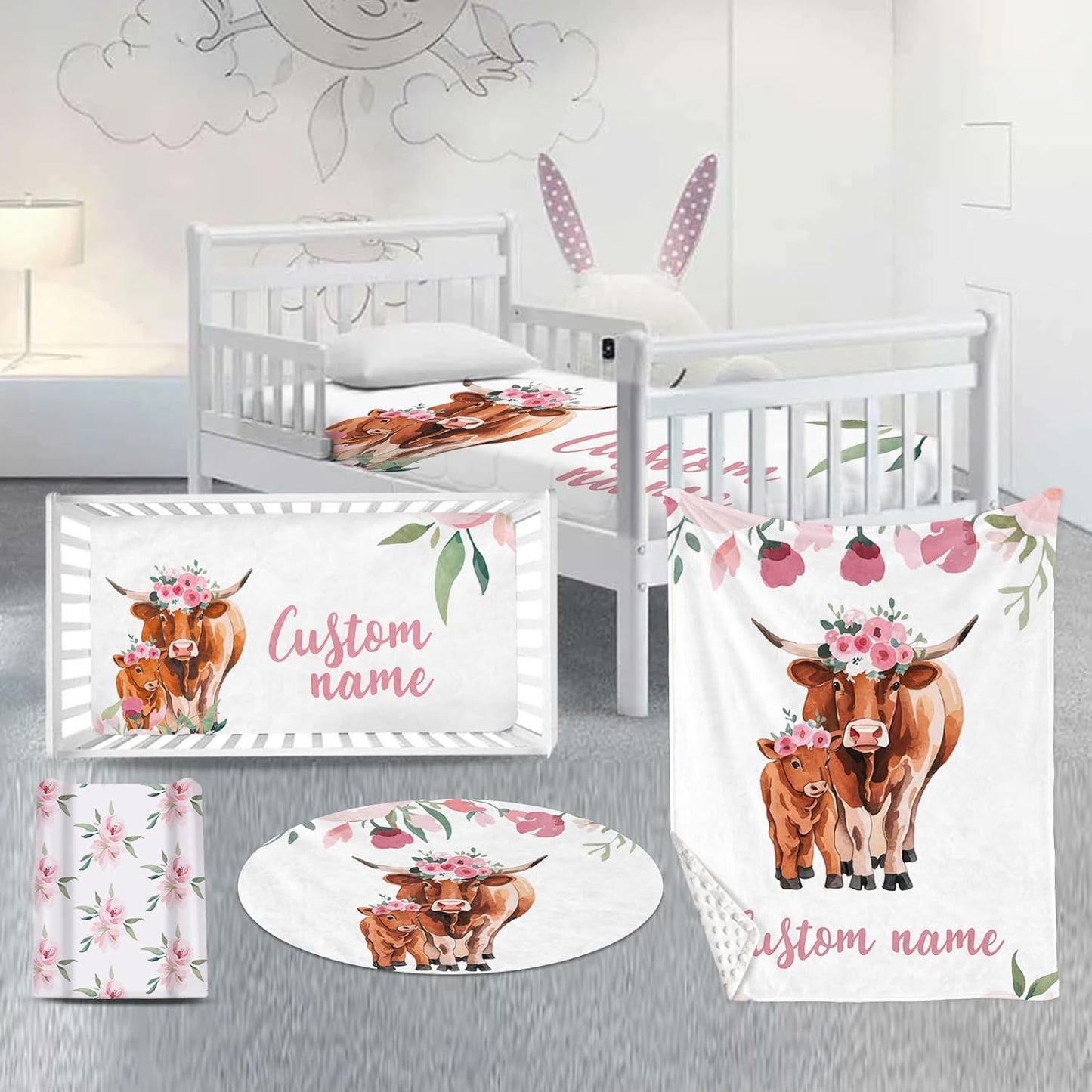 Custom Nursery Crib Bedding Set: Personalized Name 4 Piece Highland Cow Theme Baby Crib Sets for Girls - Toddler Double Layer Blanket Set, Comfortable Crib Bed Sheets for Baby Toddlers
