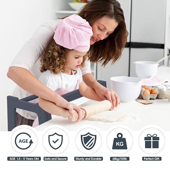 4 in 1 Toddler Step Stool Tower, Foldable Learning Standing Tower with Whiteboard 2 in 1 Convertible Table and Chair, Removable Safety Rail, Widened Platforms for Kitchen Counter Bathroom Sink