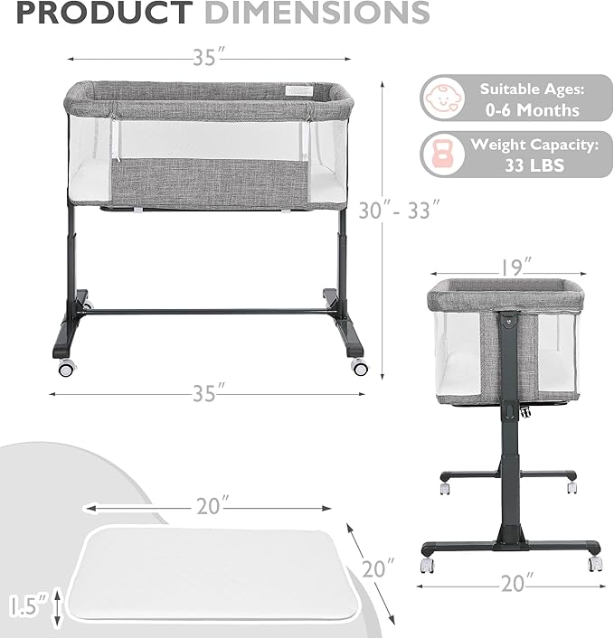 Baby Bassinet Bedside Sleeper, 2 in 1 Folding Portable Newborn Bedside Sleeper, All-Sided Mesh Infant Travel Crib for Toddlers, 6 Adjustable Height, with 4 Wheels, Grey