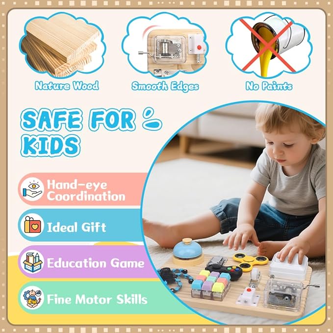 Busy Board for Toddler Kid Early Development, Fidget Sensory Learning Motor Skills Montessori Toy for Age 3 4 5, Busy Pad Fidget Spinner Travel Toy Birthday Gifts Educational Activities for Boy Girl