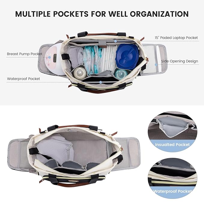 LOVEVOOK Breast Pump Bag & Diaper Tote - 3Pc Set for Breastfeeding Moms - Laptop Pocket, Cooler & Changing Pad - Fits Most Pumps