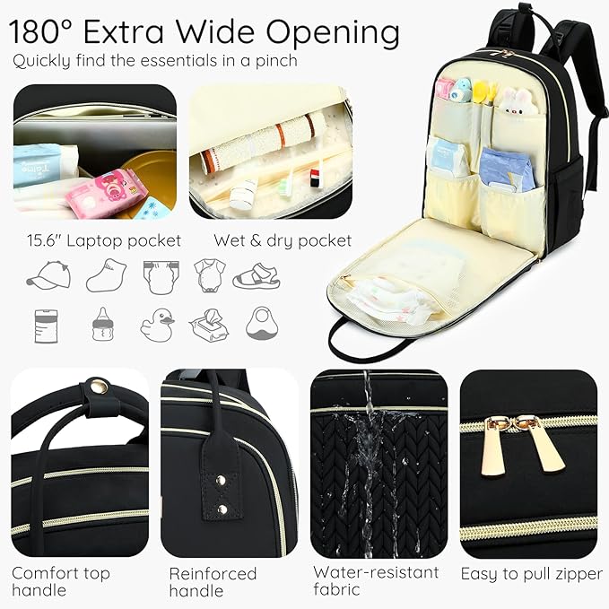 Diaper Bag Backpack - Large Multi functional, Boys, Girls & Baby Travel Essentials Tote with Changing Pad, Insulated Pockets, Stroller Straps, Waterproof - Baby Backpack for Mom & Maternity (Black)