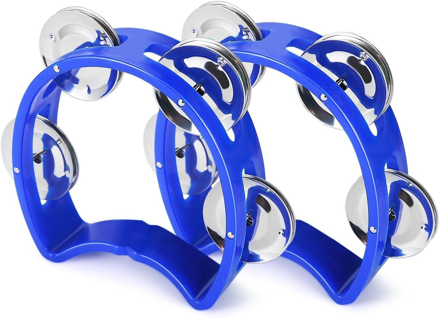 Flexzion Tambourine Hand Bell Percussion Musical Instruments (Blue, 2 Pack), Plastic Music Instrument Half Moon Mini D Handheld Shaker, Jingle Bells
