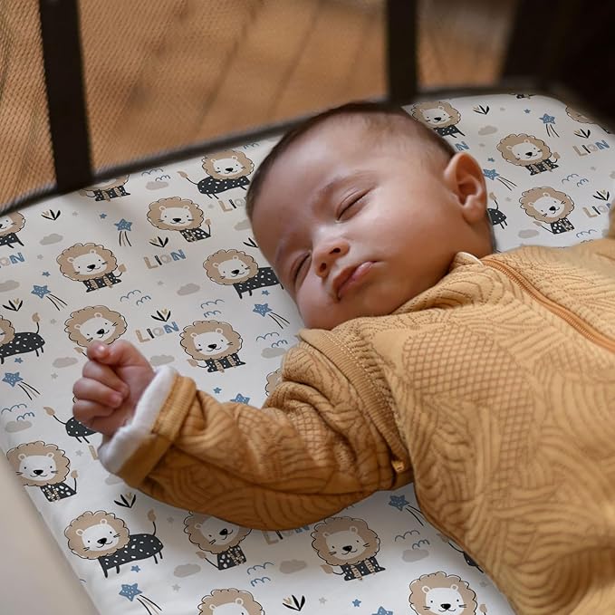 Pack n Play Sheets, BROLEX 2 Pack Mini Crib Sheets,Stretchy Portable Fitted Playard Sheet Set, Convertible Playard Mattress Cover,Ultra Soft Breathable Material,Dinosaur Lion