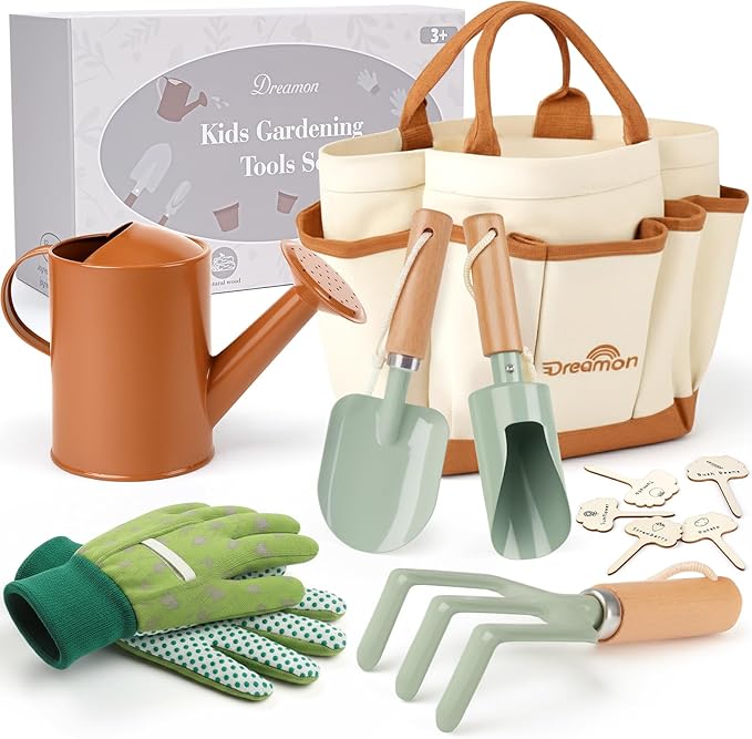 Dreamon Gardening Set Toys for Kids, Quality Garden Tool Kit Includes Tote Bag, Gloves, Shovel, Rake, Cultivator, Watering Can, STEM Learning Outdoor Gifts for Kids Toddlers