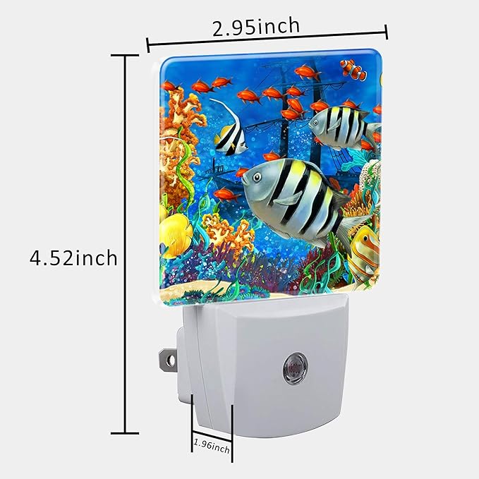 Cartoon Colorful Underwater World Night Light Plug into Wall with Dusk to Dawn Sensor Cute Nightlight for Kid Girls Boys Women Men Room Decor, Hallway, Kitchen, Bathroom, Nursery, Stairs
