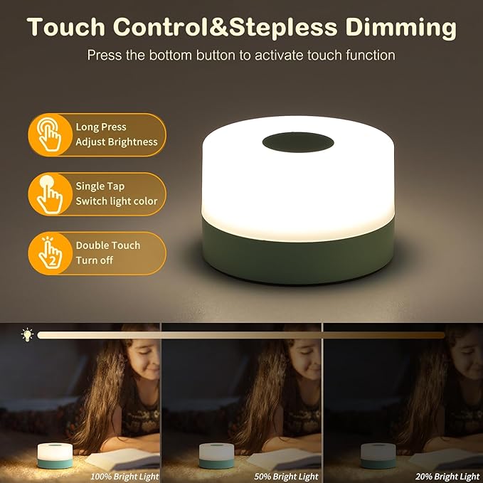 JUSHENG Rechargeable Baby Night Light LED Nursery Lamp Touch Lights, Dimmable and 3 Color Temperature Adjustable Bedside Night Light for Kids, Breastfeeding, Green