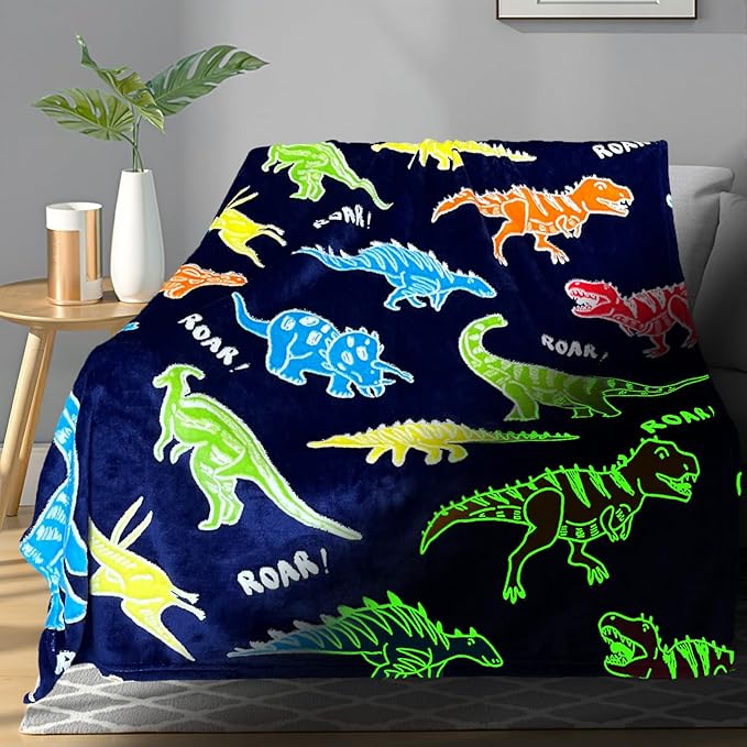 TEHALK Dinosaur Glow in The Dark Blanket for Boys/Girls/Toddler/Baby, Dinosaur Toys for Boy Age 3-12, Cute Funny Kids Throw Blanket for Birthday/Gifts 40"x 60"