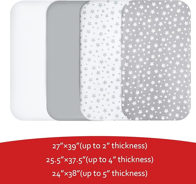 Pack and Play Sheets, 4 Pack Mini Crib Sheets, Stretchy Pack n Play Playard Fitted Sheet, Compatible with Graco Pack n Play, Soft and Breathable Material, Grey
