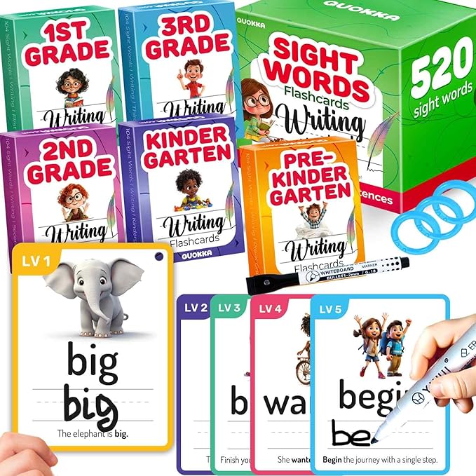 QUOKKA 520 Sight Words Flash Cards for Kids – 5 Levels from Pre-K to 3rd Grade – Bold Font & Jumbo Size & Dry Erase Color-Coded Cards with Rings for Sorting – Based on Dolch & Fry Word Lists