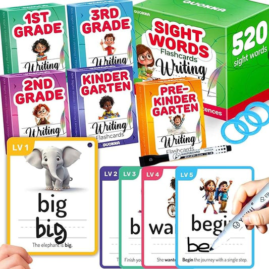 QUOKKA 520 Sight Words Flash Cards for Kids – 5 Levels from Pre-K to 3rd Grade – Bold Font & Jumbo Size & Dry Erase Color-Coded Cards with Rings for Sorting – Based on Dolch & Fry Word Lists
