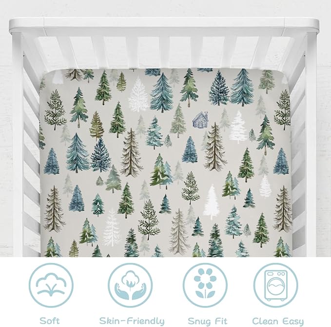 Boho Green Trees Baby Crib Sheet 52''x28'' Retro Pine Trees Stretchy Fitted Crib Mattress Cover for Boy Girl Winter Holiday Soft Baby Bed Sheets for Standard Crib and Toddler Mattresses