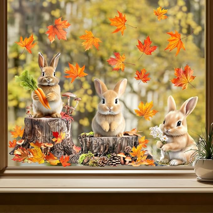 Maple Leaf Window Clings Fall Window Clings for Glass Windows Double-Sided Cute Rabbit Window Stickers for Glass Windows Decoration for Party Home Shop Decorations