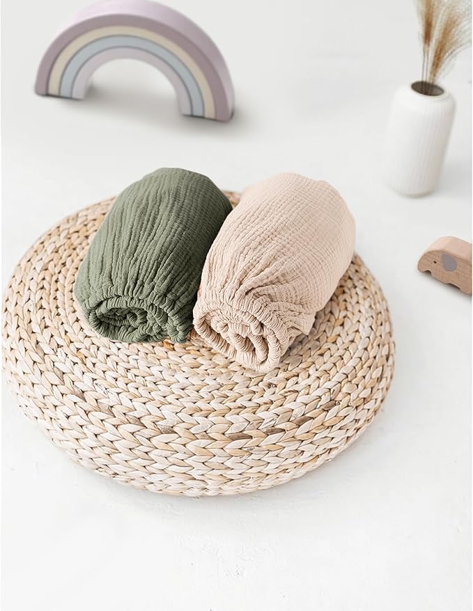 Muslin Bassinet Sheets for Babies – Soft & Breathable 100% Cotton Fitted Sheets for Oval, Rectangle, Hourglass Bassinet Mattress Pads, 2-Pack (Ivory & Pink)