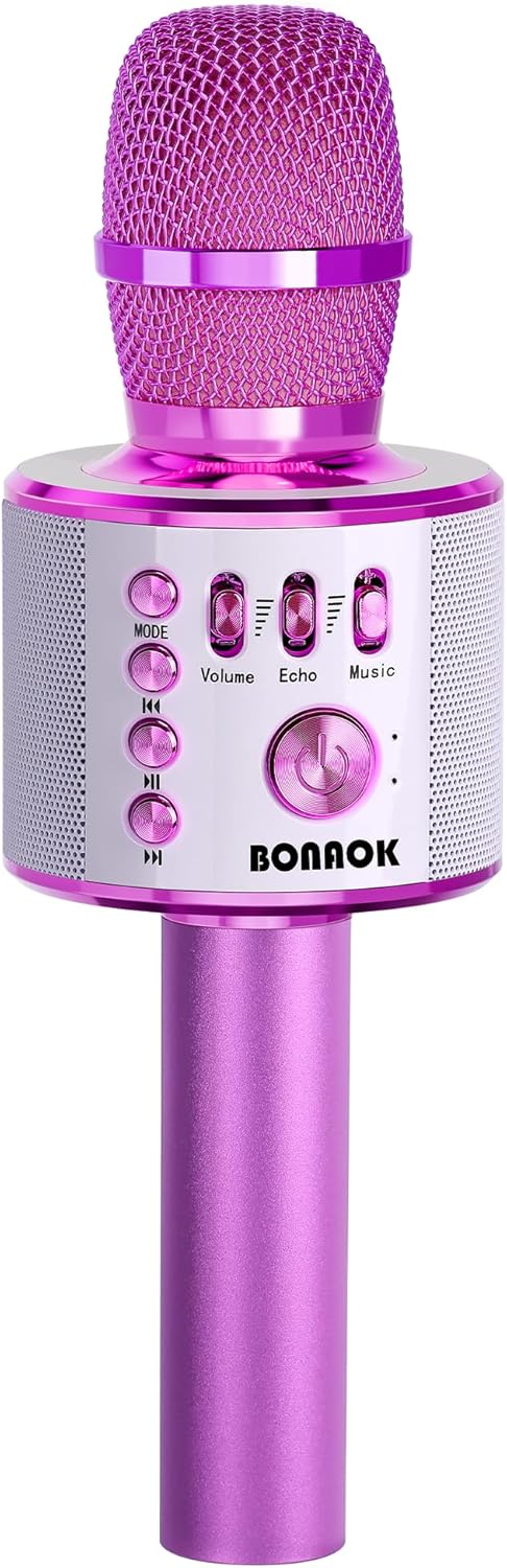 BONAOK Wireless Bluetooth Karaoke Microphone, Portable Toy Microphone for Singing, Gifts to Girls Boys Kids Adults All Age Q37（Bright Purple）