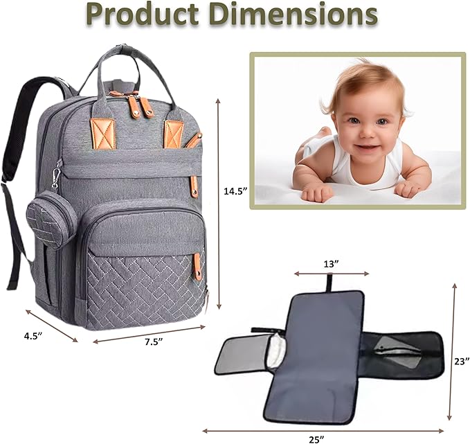 Baby Diaper Bag Backpack - Large Bag for Boys & Girls, with Changing Pad & Pacifier Case, Large Capacity with Insulated Pockets, Waterproof, with Stroller Straps, Unisex - Grey