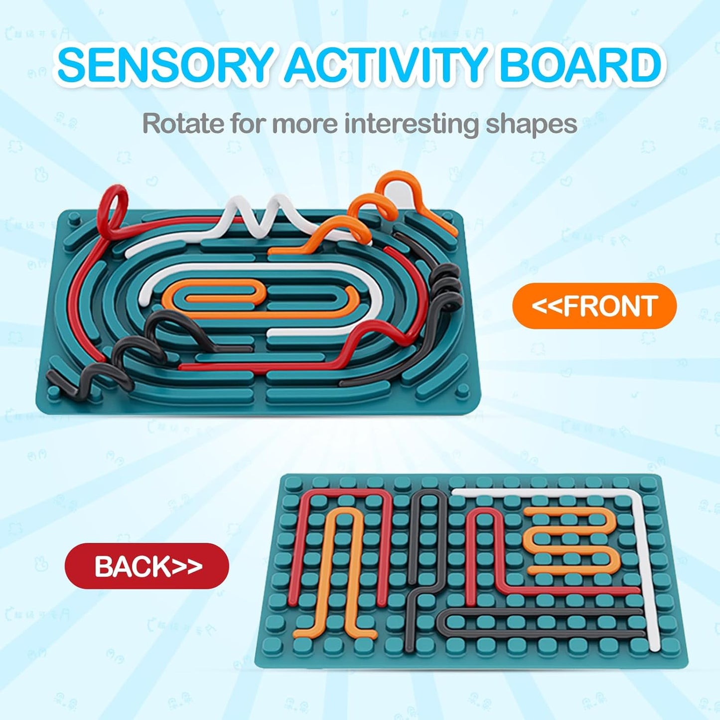 Sensory Activity Board,Sensory Toys for Kids with Autism ADHD,Kids 3+ & Adults Activities for Travel,Silicone Fidget Toy for Calming, Anxiety with Portable Travel Bag & 12 Strings(Blue)