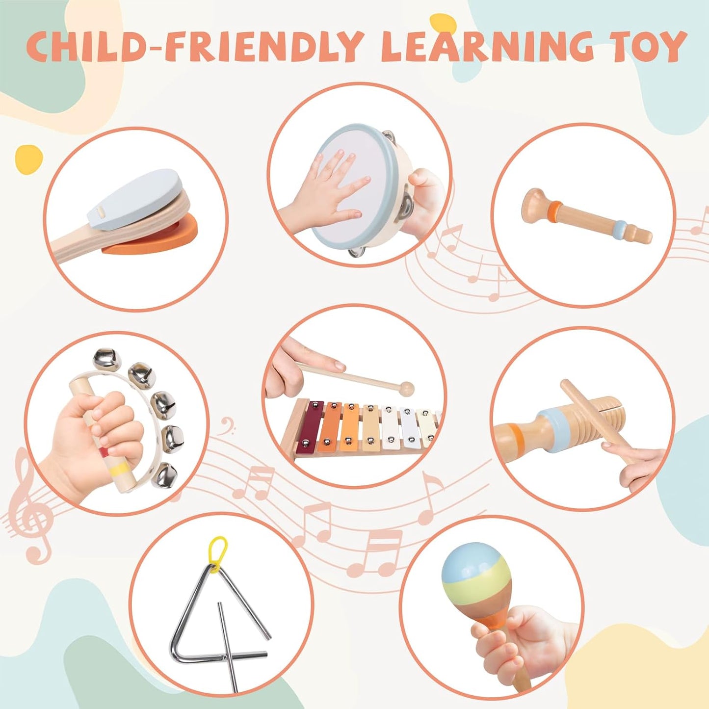 Baby Musical Instruments Set - Montessori Wooden 18 Month Old Baby Musical Toys, Toddler Percussion Instruments Xylophone Maracas Tambourine for Kids, 2 3 4 Year Old Baby Girls Boys Birthday Gifts