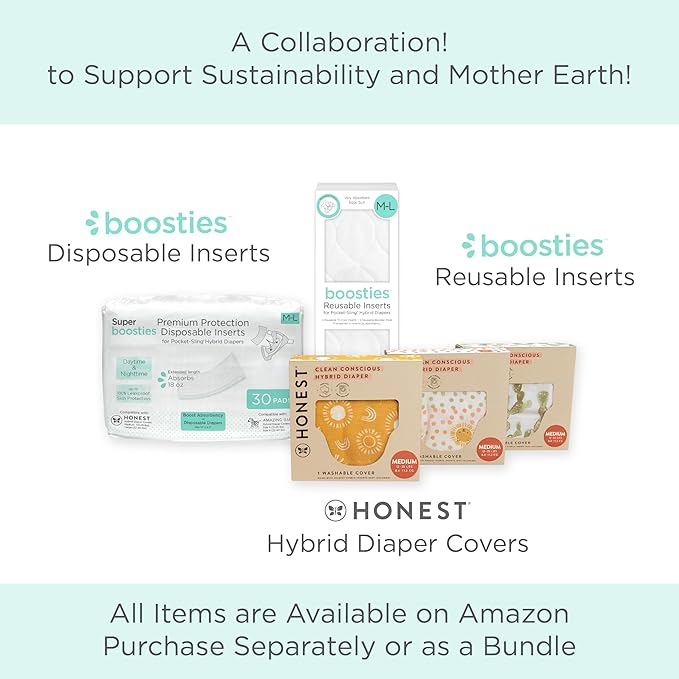 Honest Hybrid Cloth Diaper Covers with Pocket-Sling, Medium (12-25 Pound), Stops Nighttime Leaks, Use with Boosties Disposable or Reusable Insert, 3 Pack of Cotton Muslin Covers