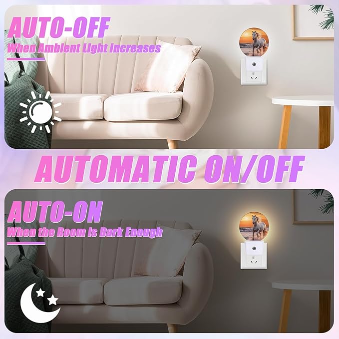 Running Horse Night Light Sunset Night Lights LED Lamp Round Plug into Wall Nightlight with Dusk to Dawn Sensor Home Hallway Stairway Kitchen Decor