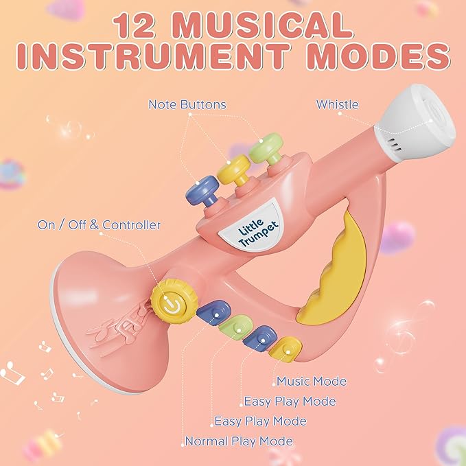 Contixo KT2 Musical Trumpet Toy for Kids, Pink Baby Educational Music Toys with Light Effects, Adjustable Volume, Multiple Rhythms, Easy Play Modes, Realistic Whistle Sounds for Toddler Boys Girls