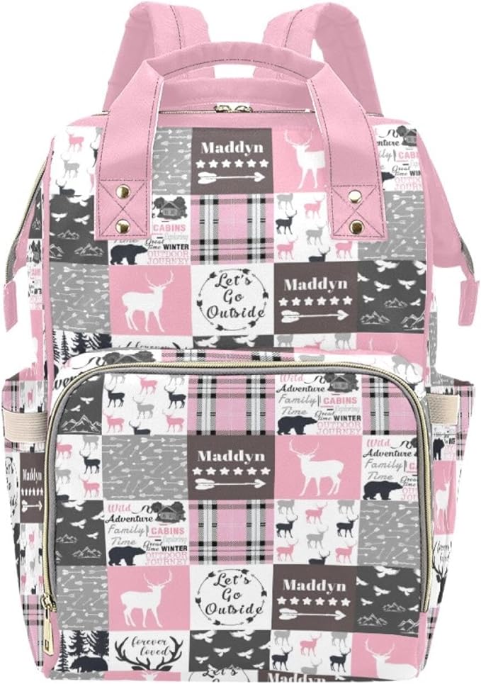 Woodland Pink Personalized Diaper Bag with Custom Name – Custom Baby Tote Backpack for Mom, Unique Gift for New Parents, Baby Shower Essentials