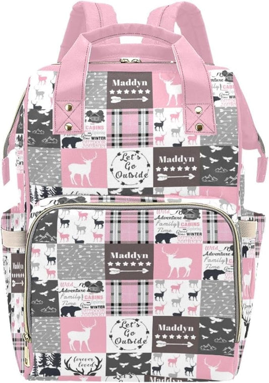 Woodland Pink Personalized Diaper Bag with Custom Name – Custom Baby Tote Backpack for Mom, Unique Gift for New Parents, Baby Shower Essentials