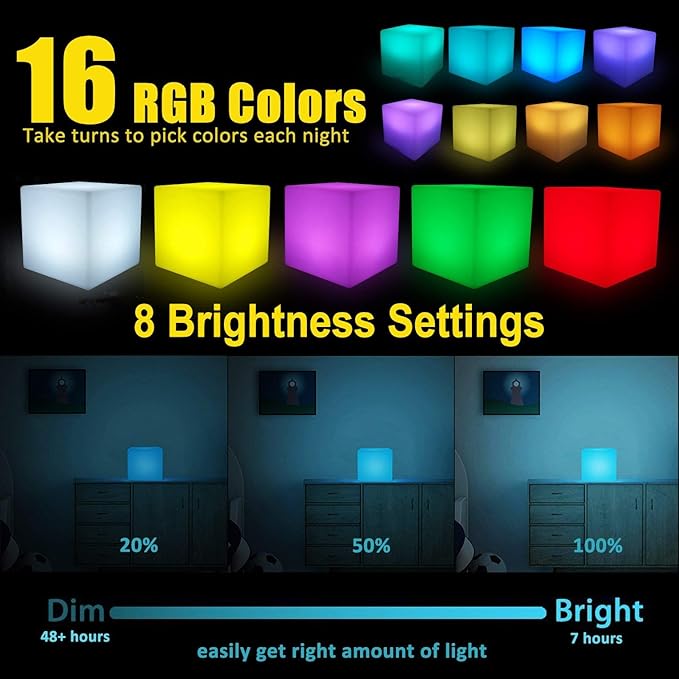 8-inch Waterproof LED Light Cube, USB Rechargeable Mood Light, 16 RGB Colors Changing Night Lights with Remote, Nursery Glow Kid Stool for Kids Room, Bedroom & Outdoor Decor