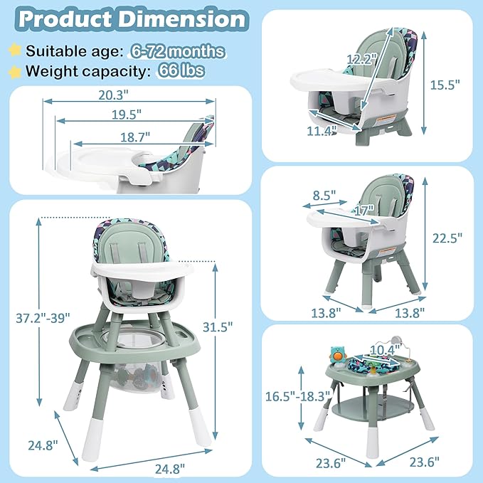 Xilingol 15-in-1 Convertible High Chair, 2-in-1 Baby Highchair & Activity Center W/Toys, Booster Seat | Building Block Table | Toddler Chair W/Removable Tray & 5-Point Harness & 2-Layer Cushion(Green)