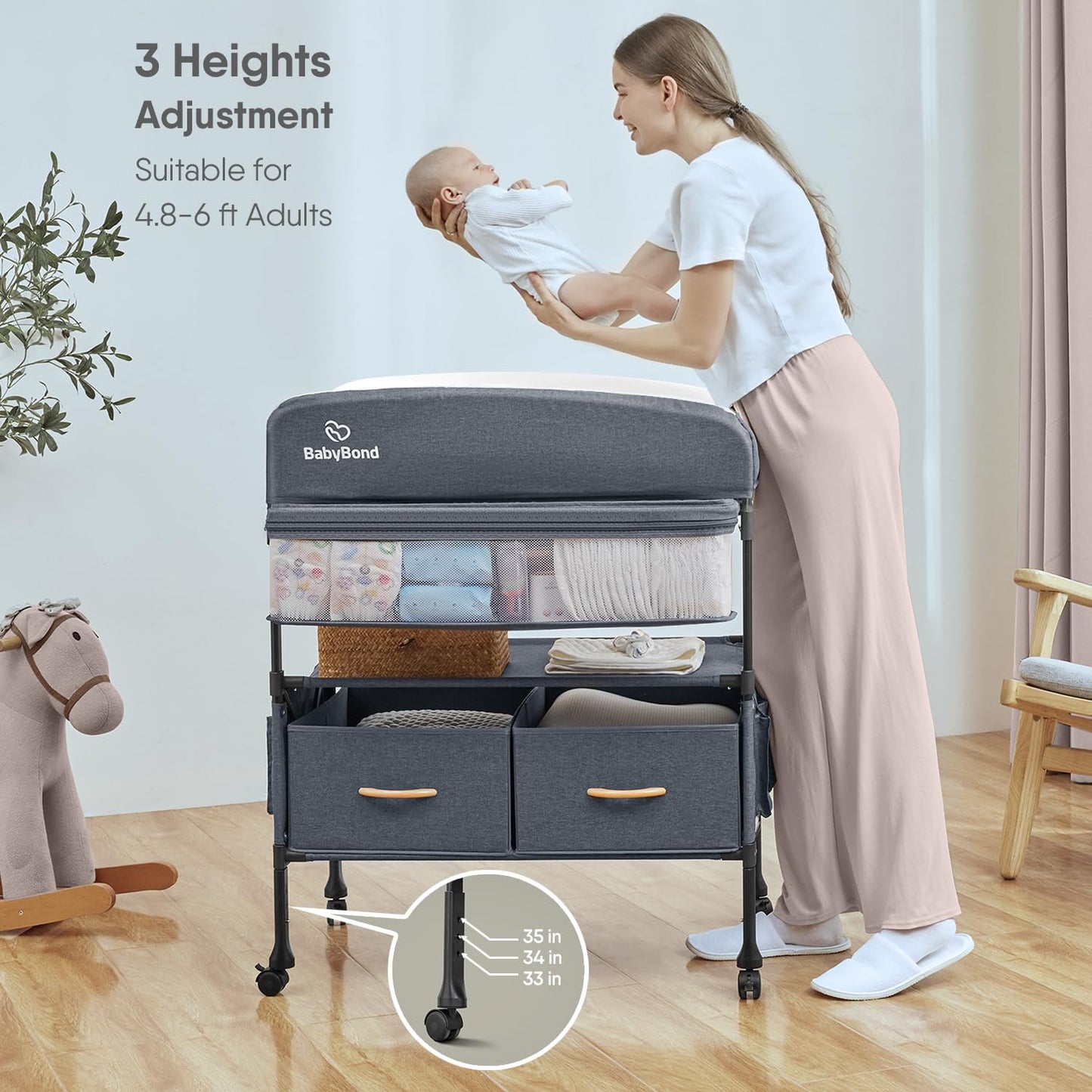 BabyBond Portable Baby Changing Table with 2 Storage Baskets, Foldable Diaper Changing Table Dresser Waterproof Height Adjustable Changing Station for Infant and Newborn(Grey)