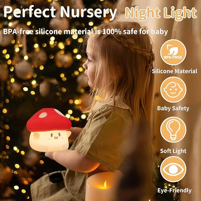 Cordless Mushroom Lamp, Adorable Mushroom Night Light, Soft Silicone Dimmable Night Light for Kids Baby Rooms,Rechargeable Touch Desk Lamp with Timer for Nursery, Dorm Decor