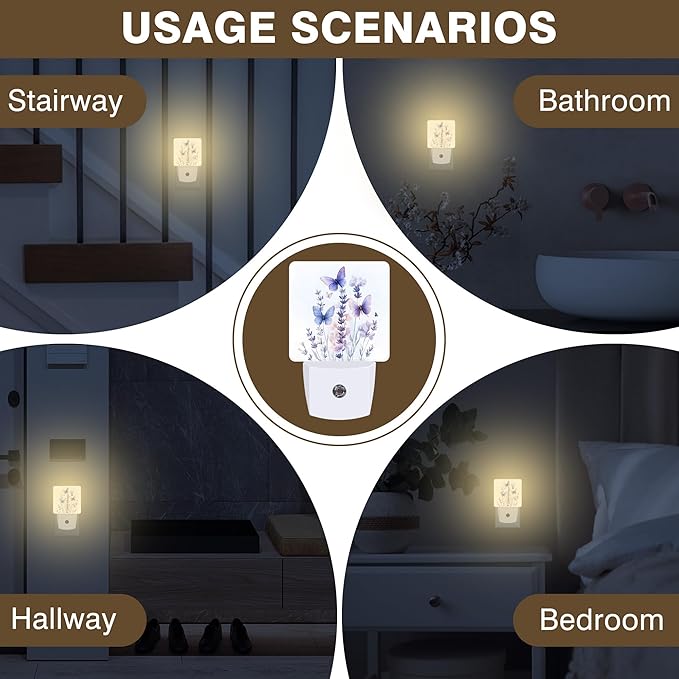 Night Light Watercolor Lavender Flower with Butterfly Night Lights Plug into Wall Smart Dusk to Dawn Sensor 0.5W Energy Efficient Led Lamp for Men Women Bedroom Hallway Stairway Decor