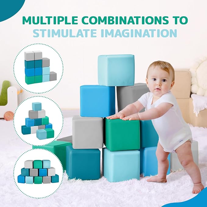 Foam Building Blocks for Kids: 12-Pieces PU Leather Colorful Foam Blocks - Building Toys for Toddler - Giant Stacking Blocks Toys - Soft Indoor Playset for Birthday Gift Preschool Learning (Modern)