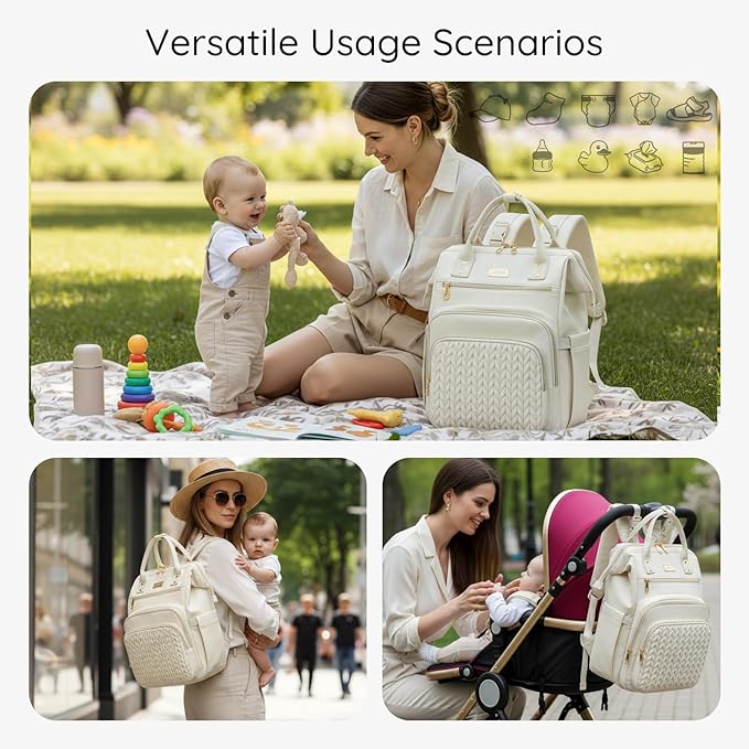 AIJIEKE Diaper Bag, Large Wide-Open Baby Diaper Backpack, Multi-functional Baby Travel Tote Bag, Diaper Bag with Changing Pad, Diaper Bags for Mom & Maternity (Beige)