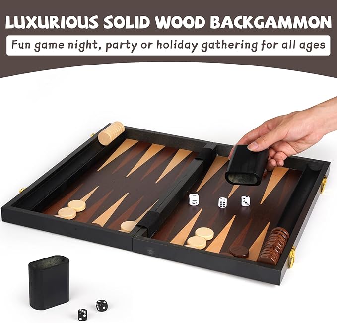 15" Wooden Backgammon Board Game Set for Adults and Kids - Portable and Travel Backgammon Set Family Game Night Vintage Backgammon Strategy Game- Classic Board Strategy Game