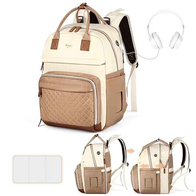 Diaper Bag Backpack - Extra Large Diaper Bag for 2 Kids Twin, Travel Baby Bags for Mom Dad 25-37L Expandable with Changing Pad Earphone Hole, Apricot Beige