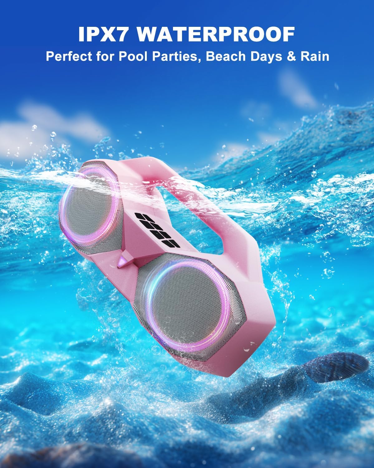 Bluetooth Speaker 80W(Peak)Loud with Bass, 20H Playtime, IPX7 Waterproof, RGB Lights, TWS, Large Portable Wireless Speakers for Outdoor, Home, Party, Pool, Beach, Tailgating, Gym, Work, Gifts (Pink)