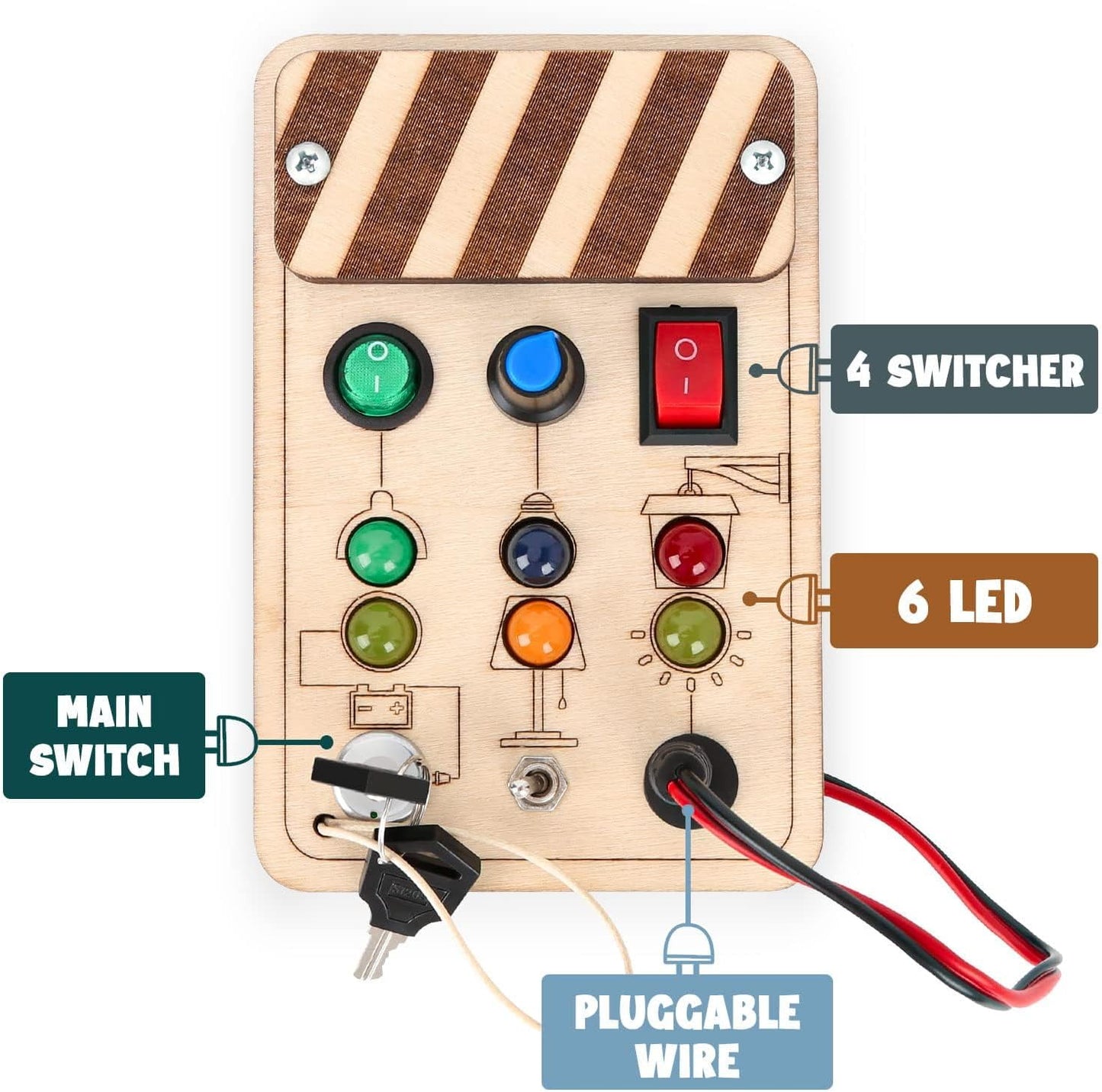 Joyreal Wooden Montessori Busy Board, Toddler Sensory Toys, LED Light Switch, Travel Toys for 2+ Year Old Boy