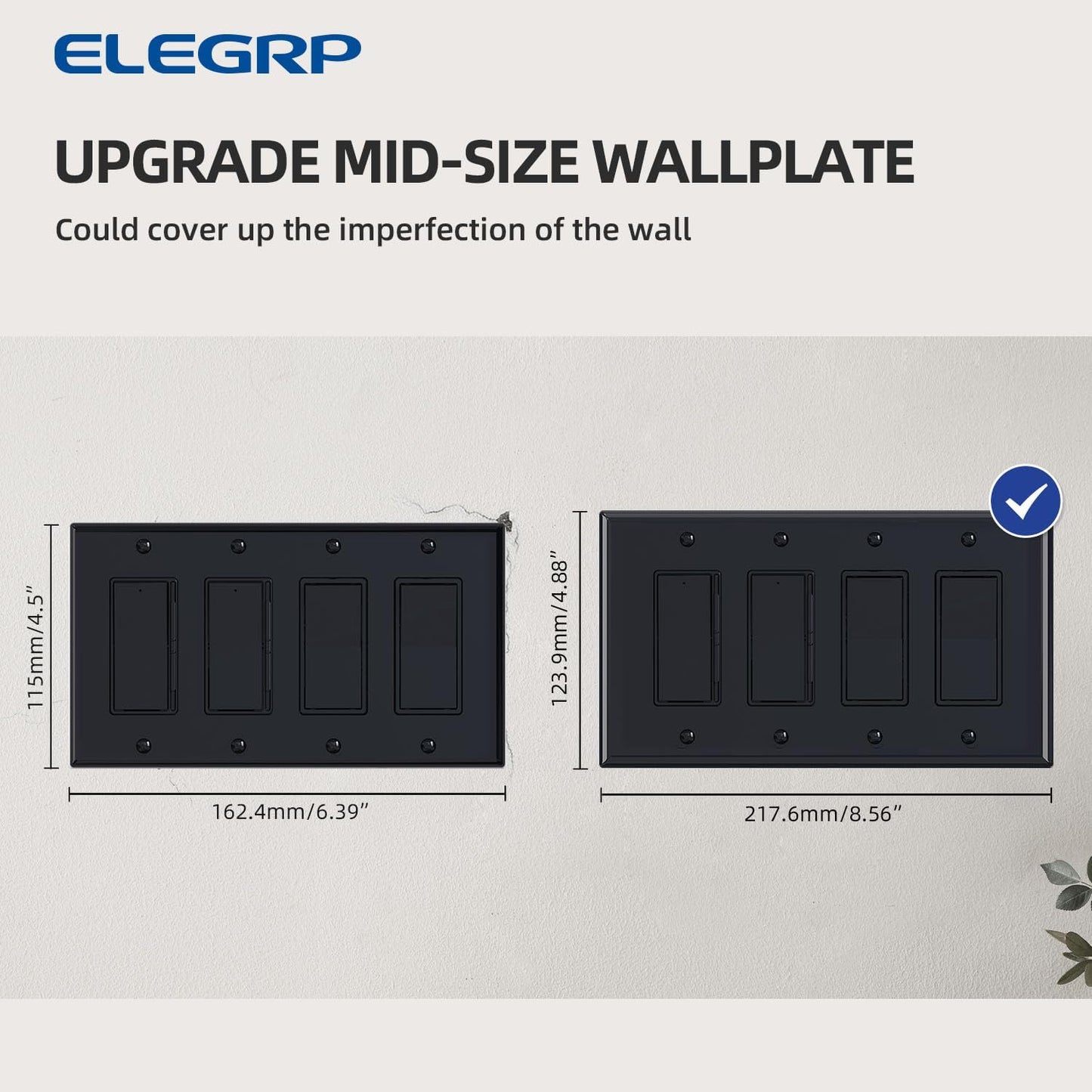 ELEGRP 4-Gang Decorative Wall Plates, Mid-Size 4.88" H x 8.57" L Unbreakable Thermoplastic Faceplate Cover for Decorator Receptacle Outlet Switch, UL Listed (1 Pack, Glossy Black)