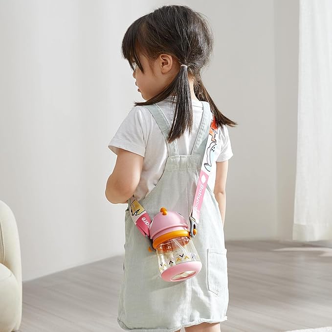 bc babycare Straw Sippy Cups for Toddler, No Spill Sippy Cups for Baby 1+ Year Old, Transition Weighted Sippy Cup with Straw and Strap, 10oz/300ml, Pink