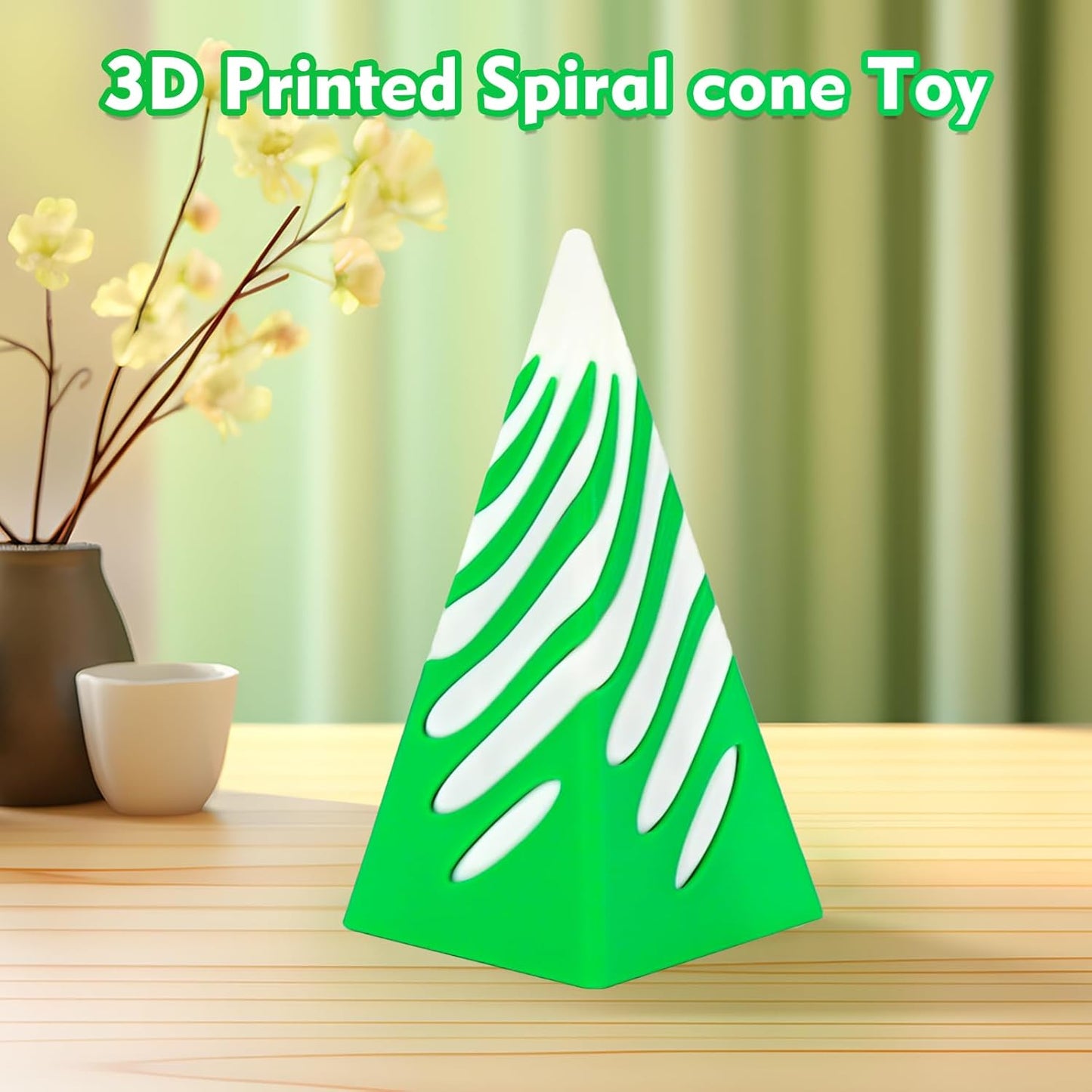 Impossible Pyramid Passthrough Sculpture, 3D Printed Spiral Cone Fidget Toy, 3D Printed Crafts, Adult Decompression Toys, Decompression Toys And Gifts For Kids,Stress Relief Desk Toy (White Green)