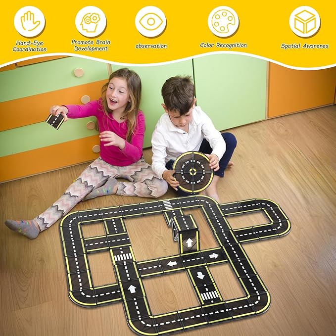 Magnetic Tiles Road Set, STEM Magnet Building Blocks for Toddler Kids, Montessori Educational Toy Gifts for 3+ Year Old Boys & Girls
