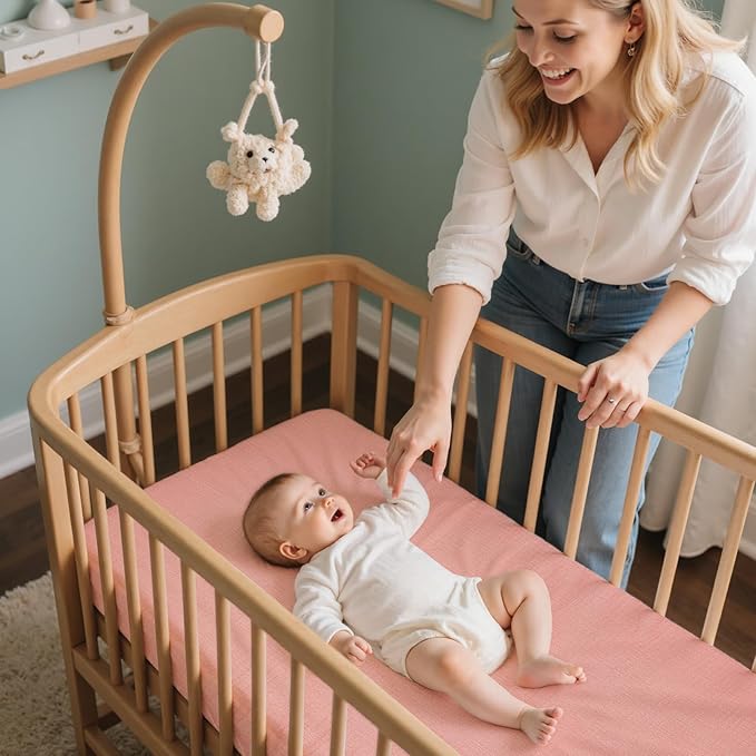 Baby Bassinet Sheets TPU Waterproof 2 Pack Soft Muslin Bedside Bassinet Mattress Sheets with Bottom Elastic Band for Baby Boy Girls Unisex Fit Hourglass Oval and Rectangle, Pink Beige