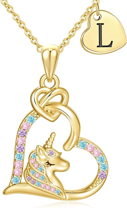 C-leen Unicorn Necklaces Gifts for Girls, 14K Gold Plated Colorful CZ Heart Initial Pendant Unicorn Necklaces for Girls Teens Jewelry Birthday Gifts