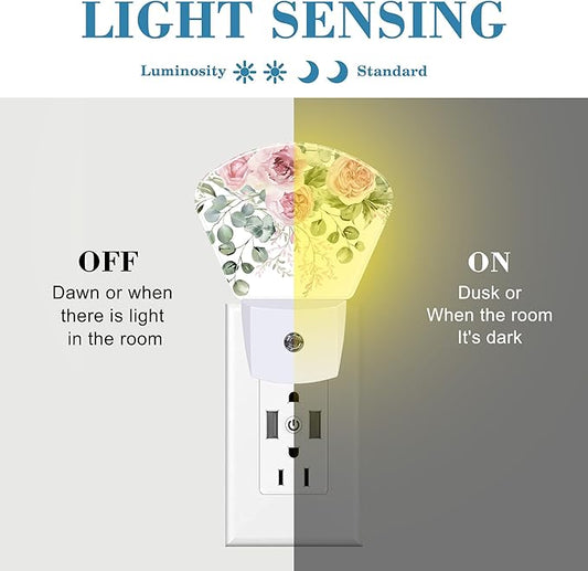 Pink Flowers Plug in Night Lights, Eucalyptus Greenery Nightlight Plug Into Wall Dusk to Dawn Sensor for Kid Girls Boys Women Men Bedroom, Hallway, Kitchen, Bathroom, Stairs Decor