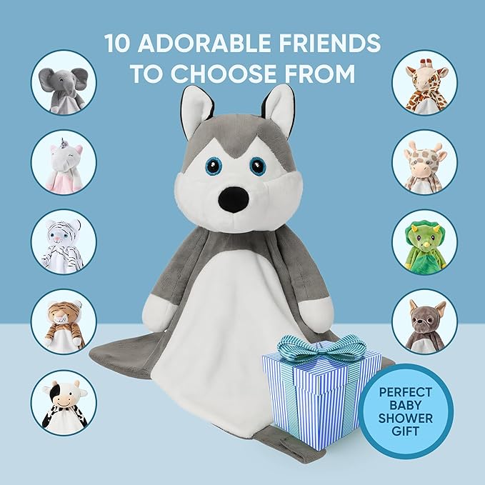 Love By Emi Baby Music Lovey Grey & White Husky, Baby Sleep Soother for Crib & Cuddle Bedtime, White Noise with Heartbeat & Lullaby, Plush Sound Toy, Stuffed Animal for Newborns, Infants & Toddlers