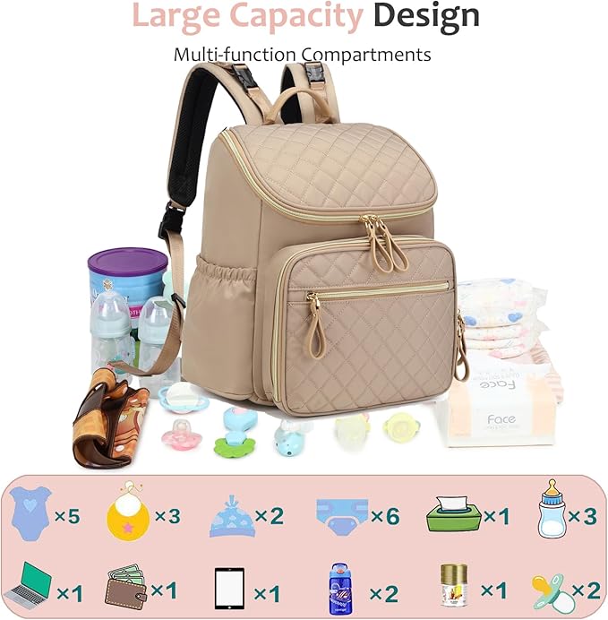 Large Capacity Diaper Bag Backpack with Stroller Buckle, Water-Resistant Travel Baby Bag with Insulated Pockets (Classic, Mocha Mousse)
