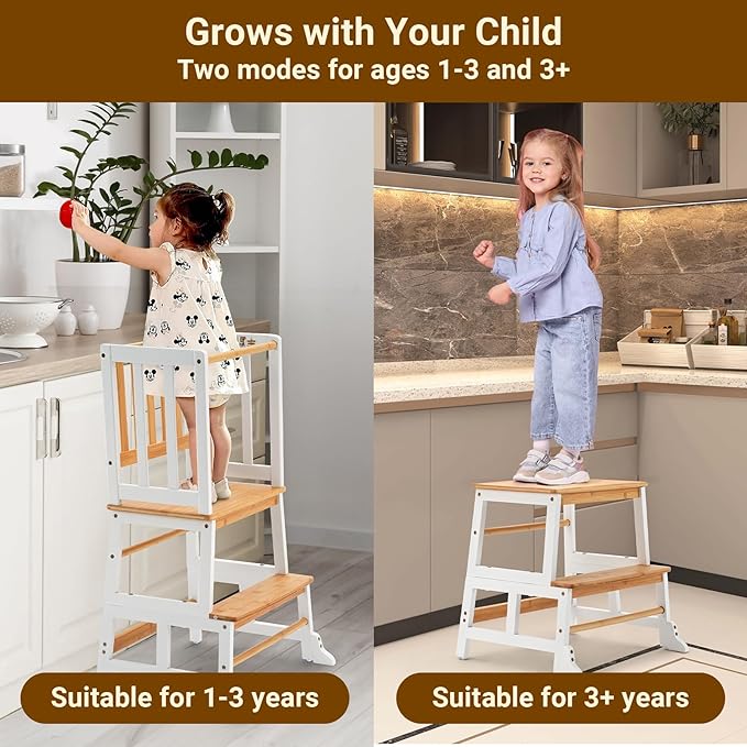 COSYLAND Kids Kitchen Step Stool Helper - Wooden Standing Tower for Kids with Anti-Tip Support Legs - Mothers' Helper Kids Learning Stool for Kitchen Counter (White & Natural)