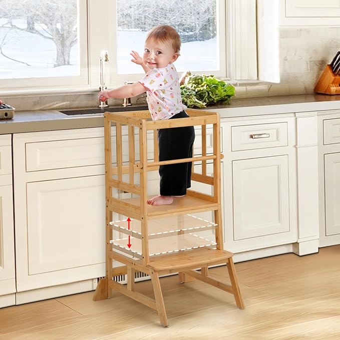COSYLAND Toddler Standing Tower - Adjustable Height Toddler Kitchen Stool Helper - Kids Kitchen Step Stool for Learning with Removable Safety Railing Natural